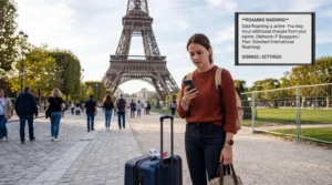 Traveler checking roaming charges on smartphone near the Eiffel Tower in Paris France.