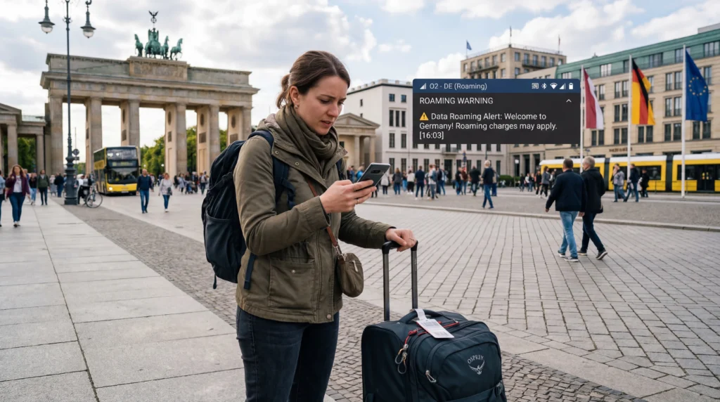 Traveler checking smartphone with roaming charges notification in Berlin Germany.