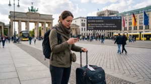 Traveler checking smartphone with roaming charges notification in Berlin Germany.