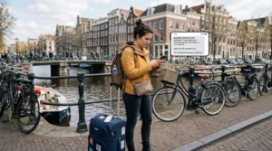 Traveler checking roaming charges on smartphone in Amsterdam Netherlands.