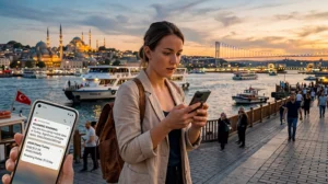 Traveler checking roaming charges and mobile internet options while traveling in Turkey.