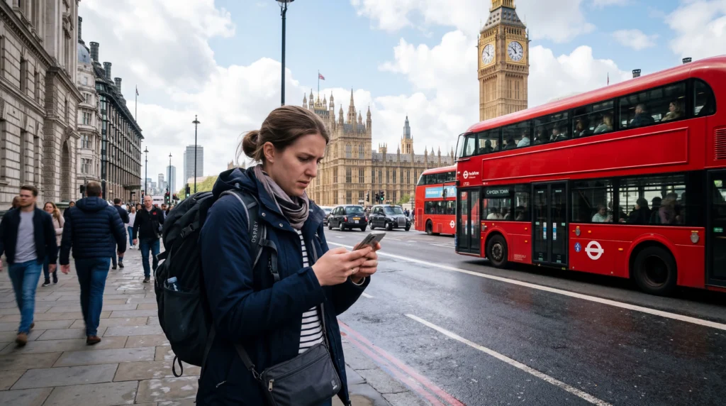 Traveler checking smartphone with roaming charges notification in London United Kingdom.