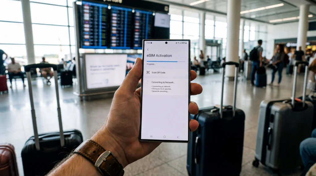 Samsung Galaxy smartphone showing eSIM activation screen held by traveler in airport terminal.