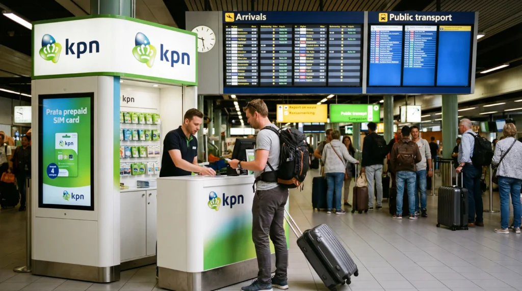 Tourist buying prepaid SIM card at telecom store inside Amsterdam Airport Schiphol arrivals hall.