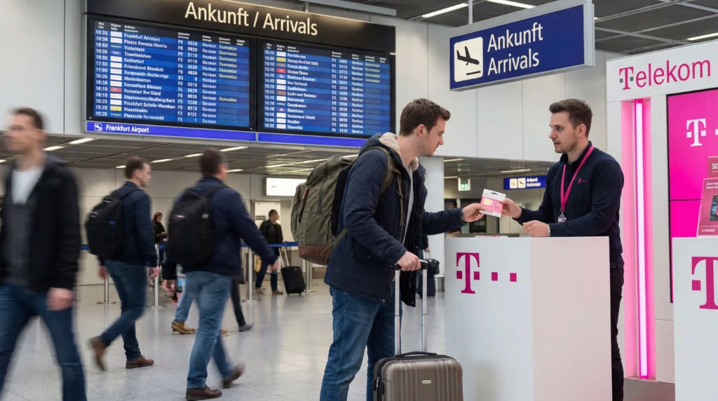 Tourist buying prepaid SIM card at telecom store inside Frankfurt Airport arrivals hall in Germany.