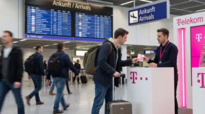 Tourist buying prepaid SIM card at telecom store inside Frankfurt Airport arrivals hall in Germany.