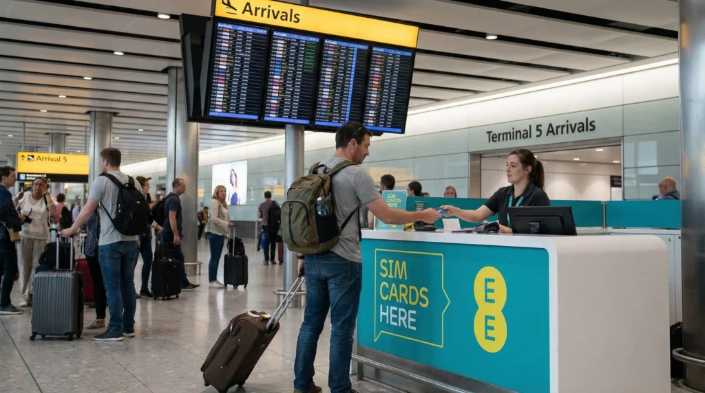 Tourist buying prepaid SIM card at telecom store inside Heathrow Airport arrivals hall in London United Kingdom.