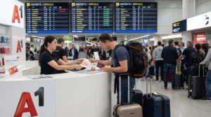 Tourist buying prepaid SIM card at telecom shop inside Vienna International Airport arrivals hall.