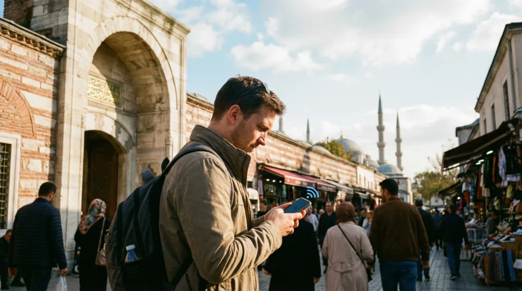 Tourist using smartphone with mobile internet in Istanbul Turkey