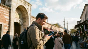 Tourist using smartphone with mobile internet in Istanbul Turkey