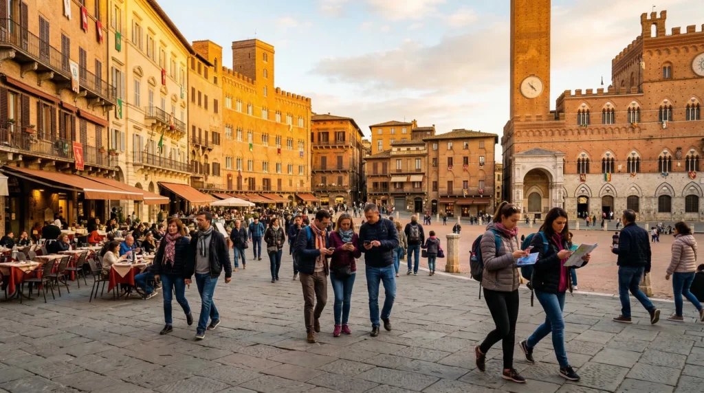 tourists using smartphones with unlimited esim mobile internet while traveling in europe