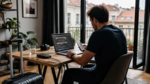 Heavy-data traveller using a laptop and smartphone in a European apartment.