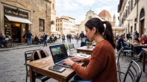 traveler using unlimited esim mobile data hotspot in europe cafe