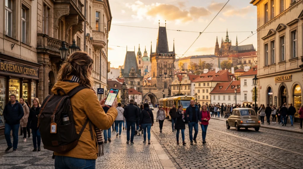 traveler using unlimited esim mobile data in europe on smartphone