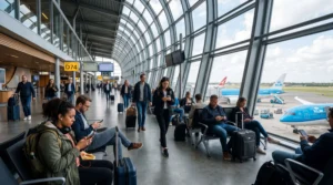 travelers using wifi at amsterdam schiphol airport terminal with smartphones