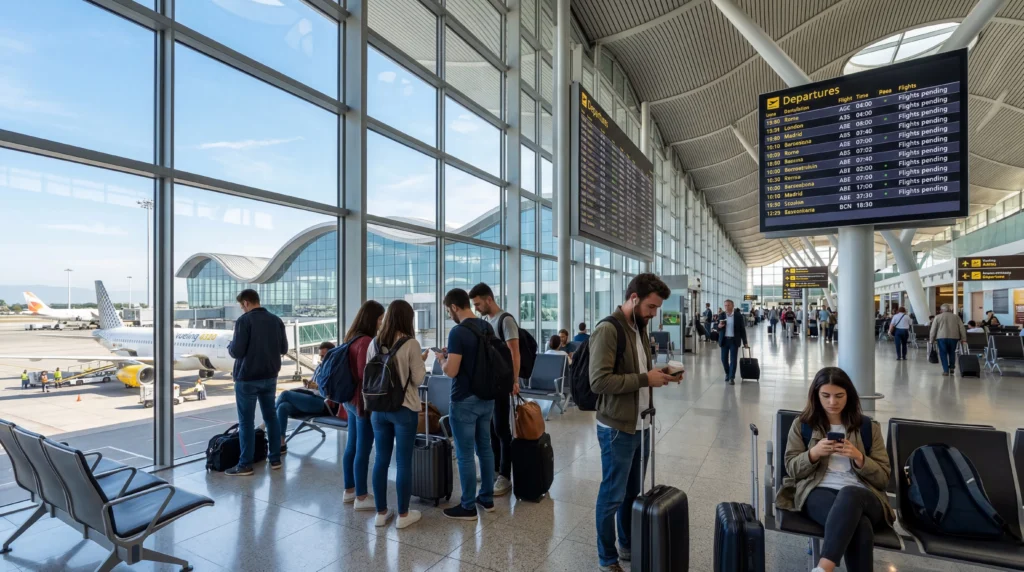 travelers using wifi at barcelona airport terminal with smartphones