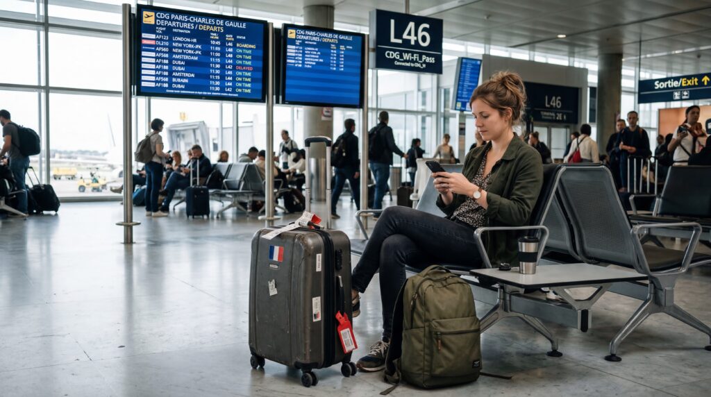 Traveler using airport WiFi on smartphone at Charles de Gaulle Airport in Paris.