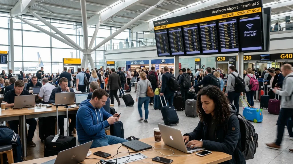 Travelers using smartphones connected to free WiFi inside Heathrow Airport terminal.