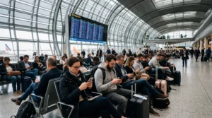 travelers using wifi at paris airport terminal with smartphones