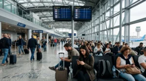 travelers using wifi at rome airport terminal with smartphones