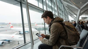 Traveler using smartphone connected to free WiFi inside Vienna International Airport terminal.