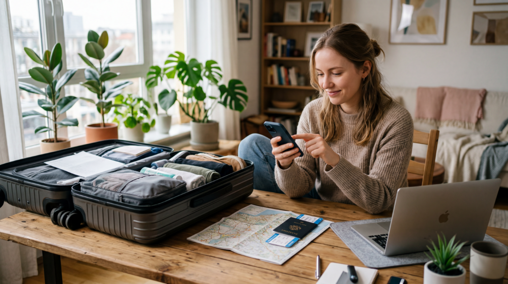 Traveler preparing eSIM setup on smartphone before international trip at home