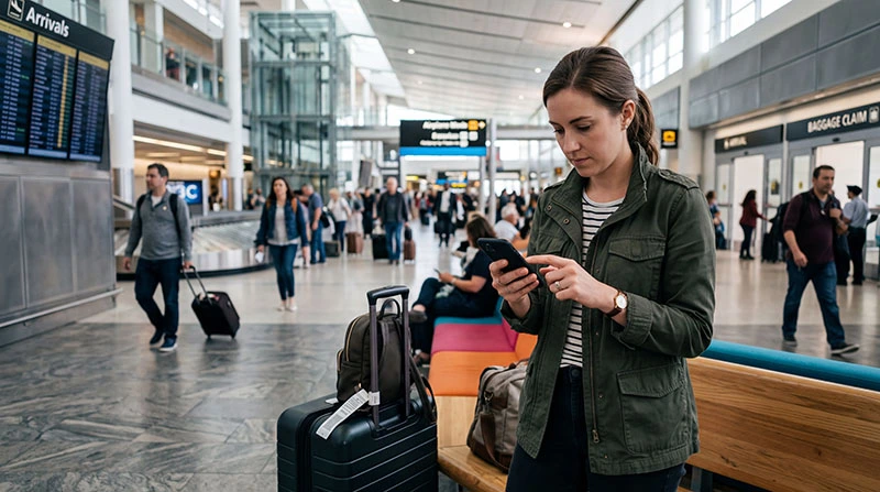 Traveler activating eSIM on smartphone after landing at airport arrival terminal