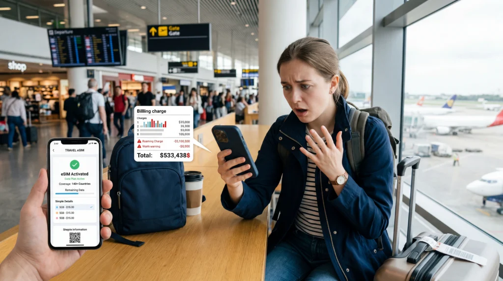 Traveler checking phone bill and using eSIM to avoid roaming charges abroad