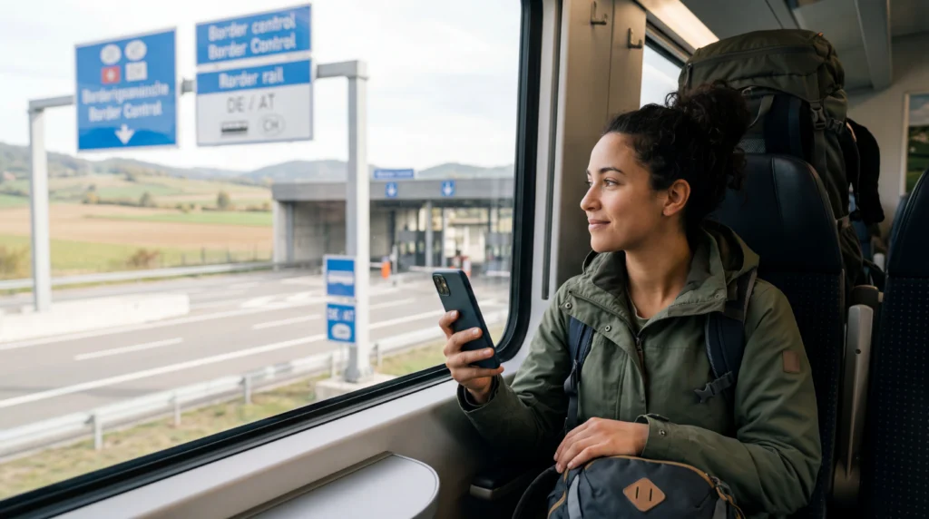 Traveler using eSIM mobile data while crossing borders between countries during international travel