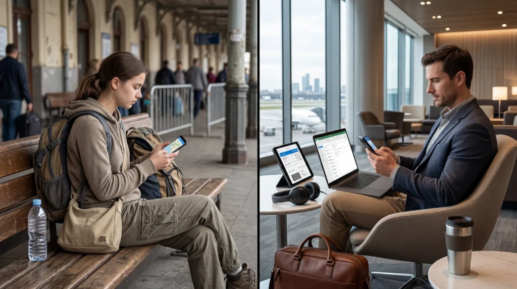 Comparison between budget and premium eSIM travel usage showing different travel styles and device usage