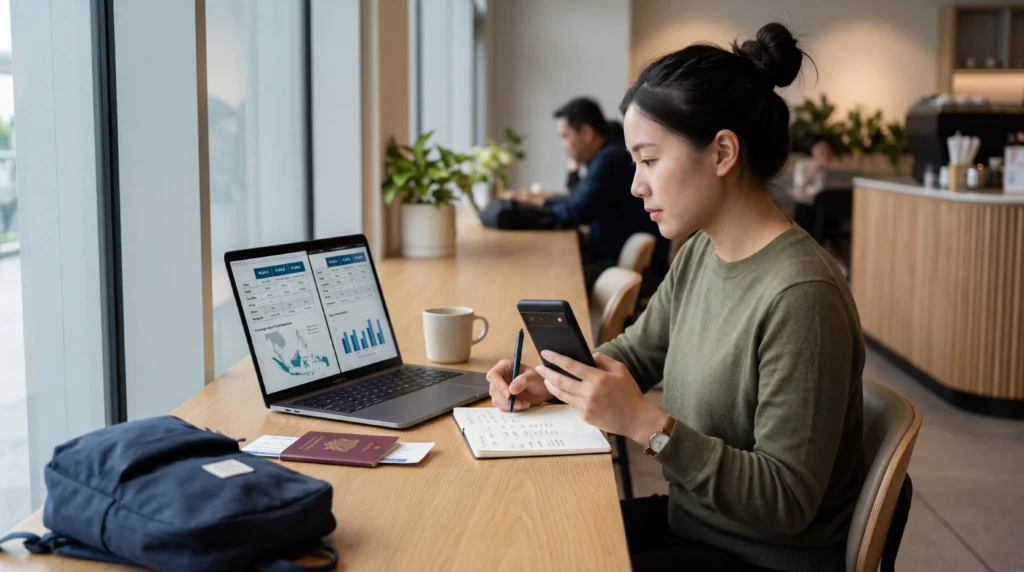 Traveler comparing eSIM plans on smartphone and laptop to choose best mobile data option for travel