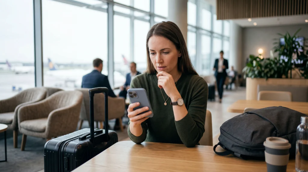 Traveler comparing eSIM deals on smartphone while choosing the best travel data offer