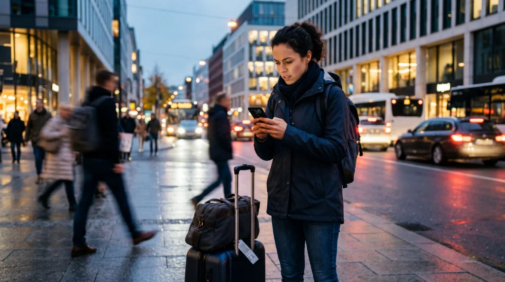 Traveler using smartphone with eSIM in an urgent travel situation needing instant internet connection