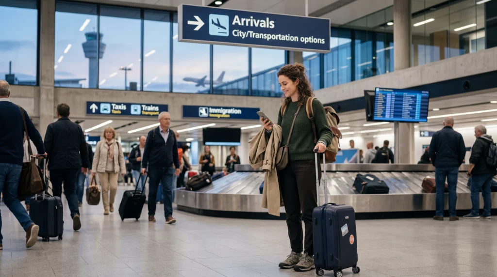 Traveler using smartphone with eSIM mobile data immediately after landing at airport abroad