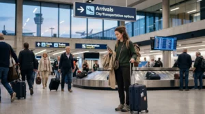 Traveler using smartphone with eSIM mobile data immediately after landing at airport abroad