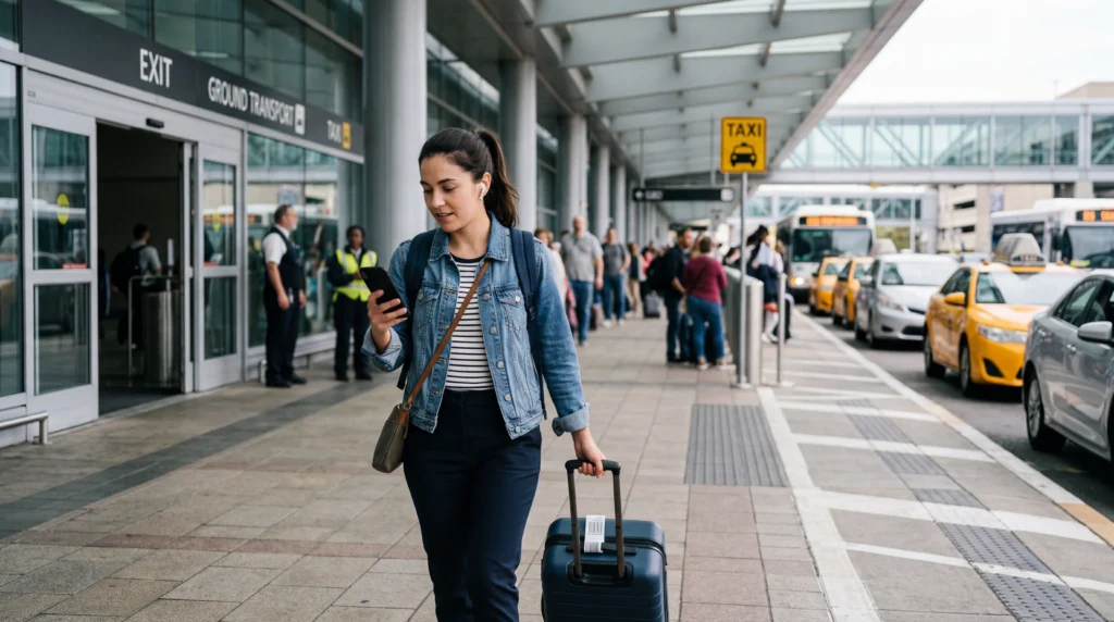 Traveler using smartphone with eSIM mobile data during an airport transfer after landing