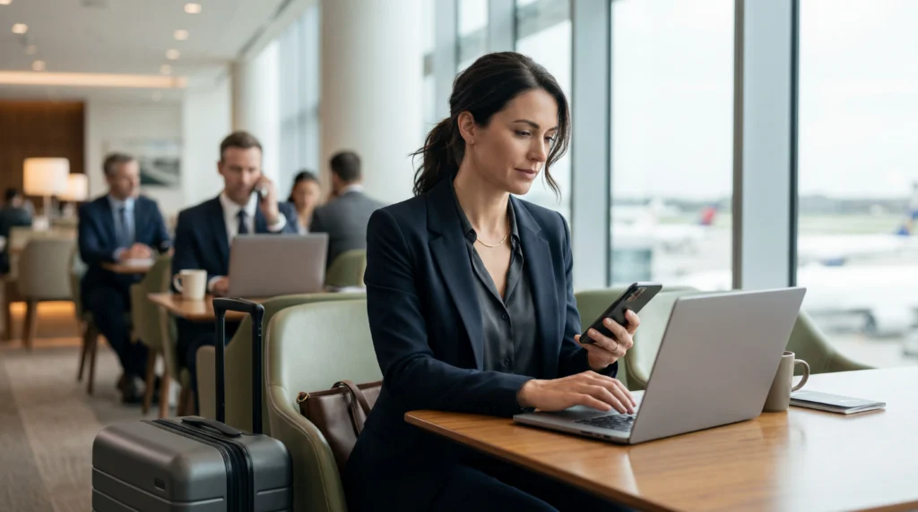 Business traveler using mobile data with eSIM while working during international travel