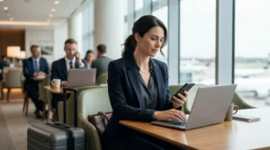 Business traveler using mobile data with eSIM while working during international travel