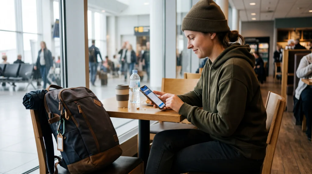 Budget traveler using smartphone with eSIM mobile data to save money while traveling abroad