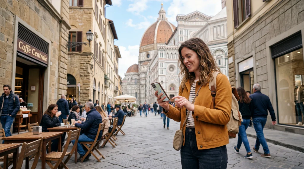 Traveler using smartphone with eSIM mobile data while exploring a European city during a short city break