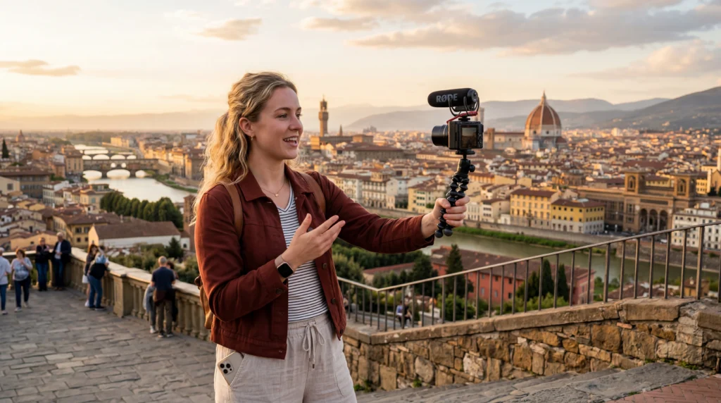 Content creator using smartphone and camera with eSIM mobile data while traveling