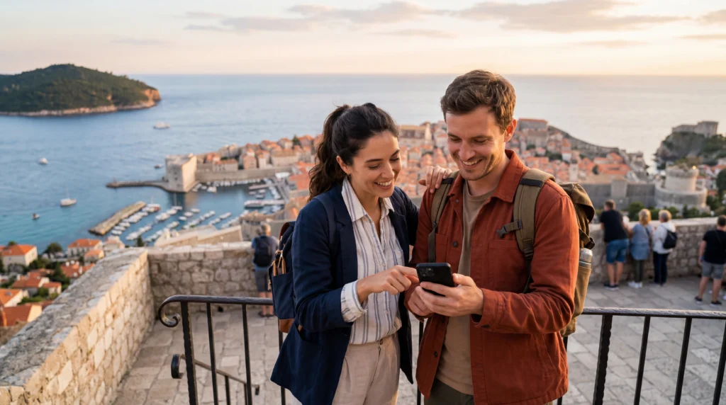 Couple traveling together using smartphones with eSIM mobile data while exploring a destination