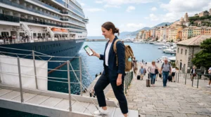 Traveler using mobile data with eSIM at a European cruise port after arriving from a cruise ship