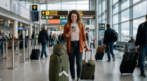 First-time traveler using smartphone with eSIM mobile data after arriving at an international destination