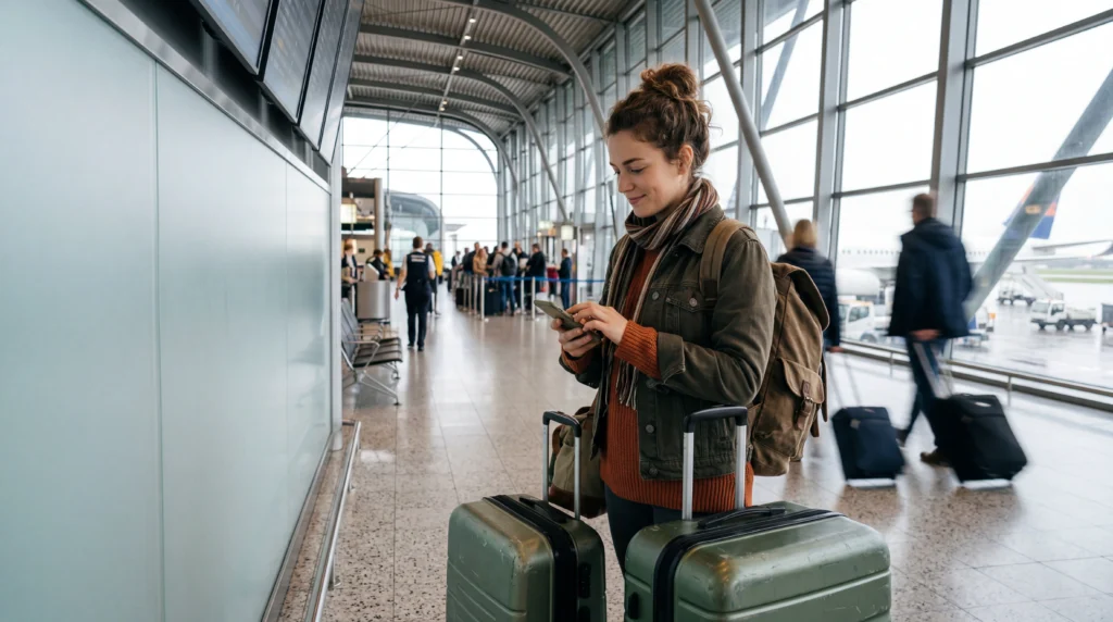 Traveler using smartphone with eSIM mobile data while changing travel plans on the go abroad