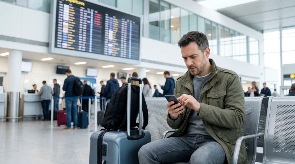 Traveler using smartphone with eSIM mobile data after a cancelled flight at the airport