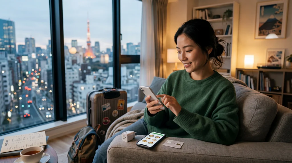 Traveler using smartphone with eSIM mobile data to order food through delivery apps abroad