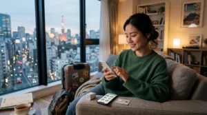 Traveler using smartphone with eSIM mobile data to order food through delivery apps abroad