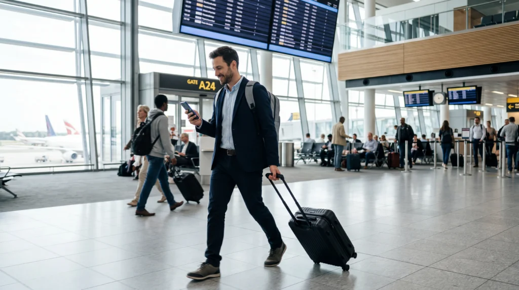 Frequent flyer using smartphone with eSIM mobile data in an airport before an international trip