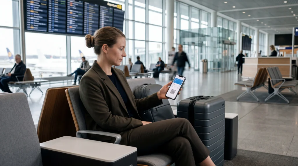 Frequent traveler using mobile data with eSIM at airport during regular international trips